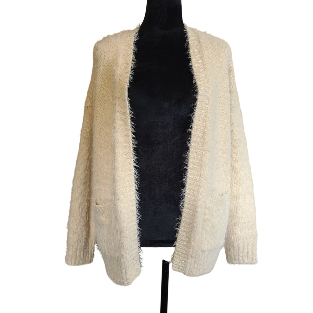American Eagle Cardigan Women XS Cream Fuzzy Eyelash Knit Open Front Neutrals